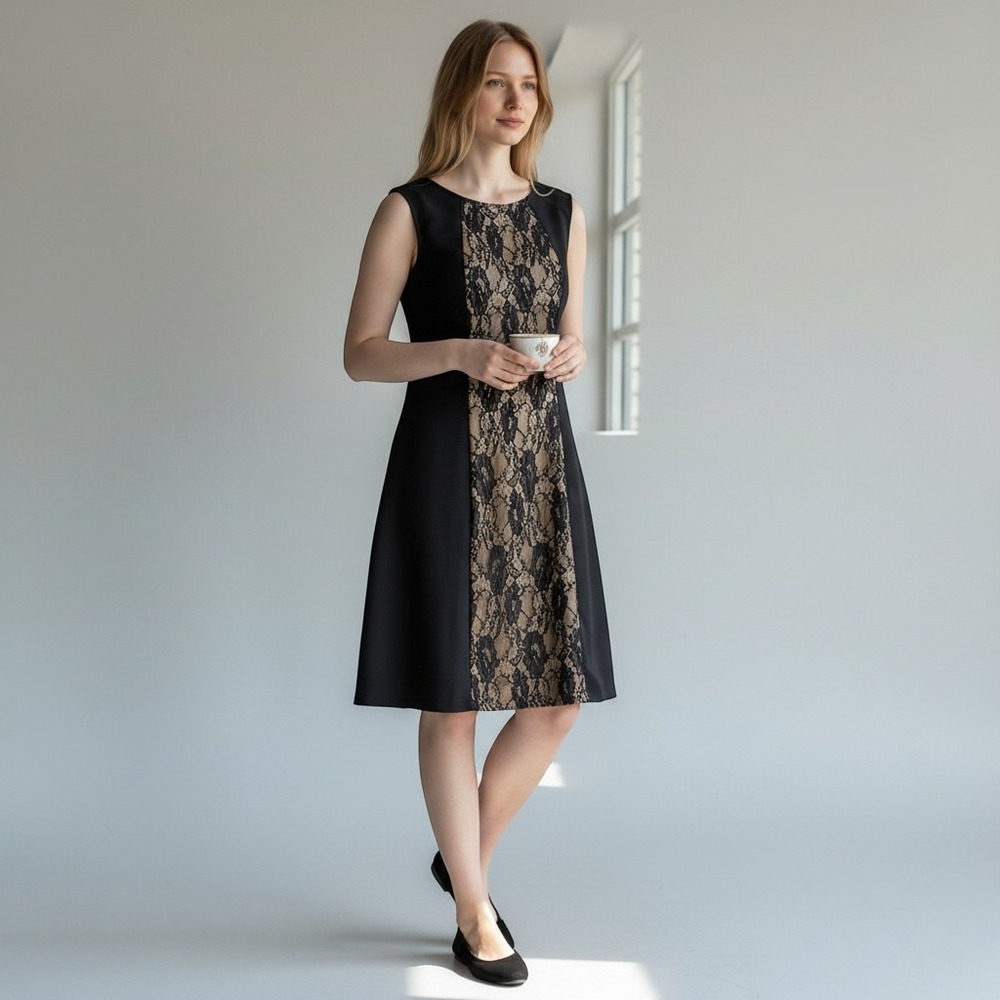 P. Luca Milano Womens Black Lace Panel Sleeveless Shift Dress New with Tags MED